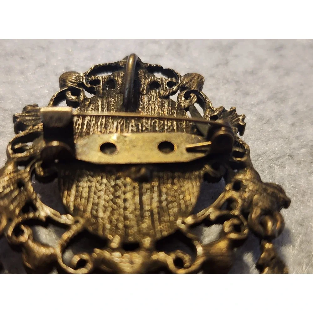 VTG Cameo Brooch Pendant Bronze Tone Amber Rhinestone AB Crystal 2.75